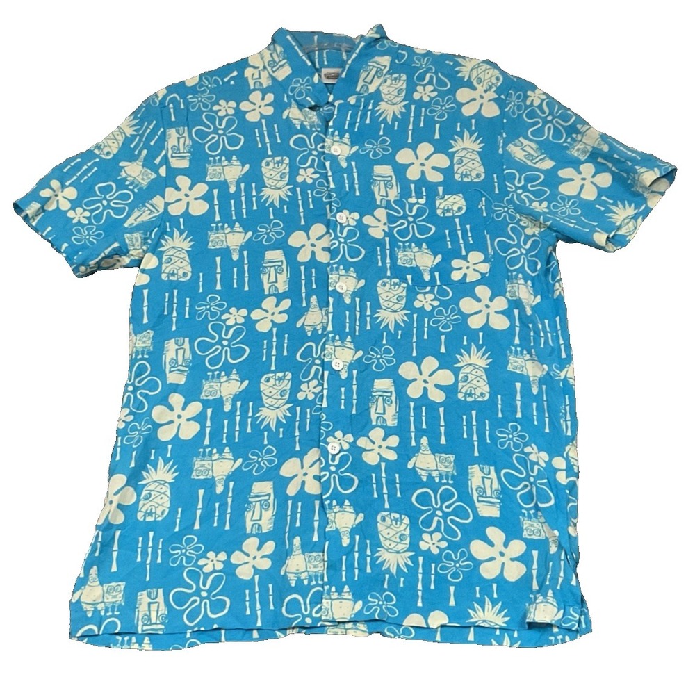 Shihiko Tiki Sponge Bob Bikini Bottom Hawaiian Aloha Medium Cotton Shirt Blue